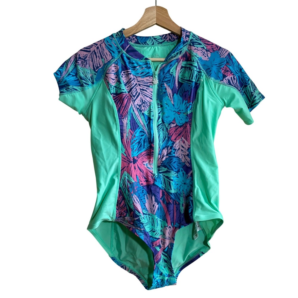 UV Skinz Tropical Print One Piece Swimsuit Large Teal Women UPF 50+ Half Zip